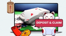 A white lucky cat holding a red sign that says Deposit & Claim next to a laptop.