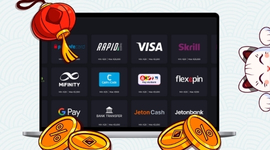 A graphic showing various payment method logos on a laptop screen, with a lucky cat and coins.