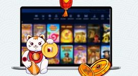 Cartoon cat holding a gold coin in front of a casino games page, with a red lantern decoration