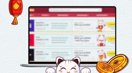 Cartoon cat in front of a laptop screen with reputable casinos, gold coins and red lantern decoration