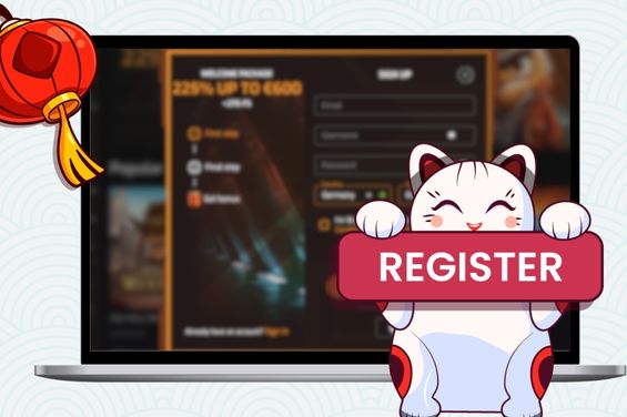 Cartoon cat holding a "Register" sign in front of a laptop screen with casino registration form