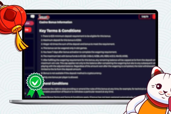 A happy cartoon cat in front of a casino ID verification terms page with a red lantern and a certificate