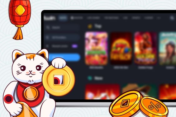 Cartoon cat with gold coins and a red lantern in front of a laptop showing casino funding for games