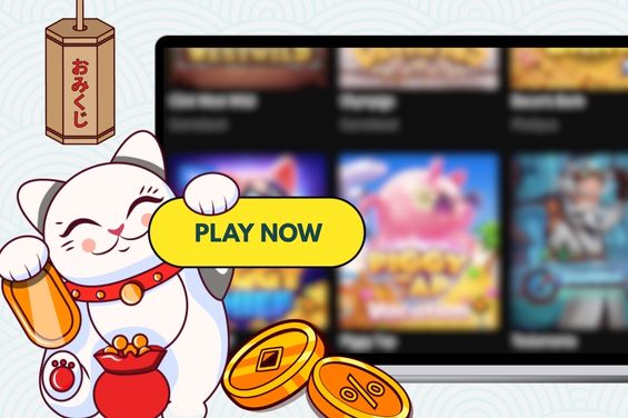 Cartoon cat holding a sign "Play Now" in front of laptop showing popular casino games and gold coins