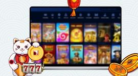 Cartoon cat with gold coins and slot machine in front of a casino games page with a red lantern