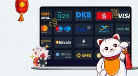 Playful cartoon cat in front of a casino payments page, with games and a red lantern decoration