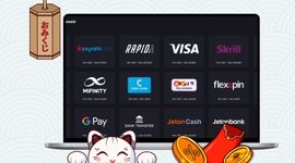 Peaceful cartoon cat in front of a laptop showing casino payments with a lantern decoration and coins