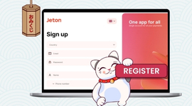 A cute cartoon cat pressing a "Register" button on a laptop screen for a Jeton signup page.