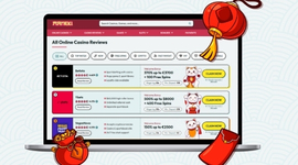 A list of online casino reviews on a laptop screen with a red lantern and a money bag.
