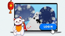 A cat mascot and a hand cursor clicking a "Login" button on a laptop screen showing playing cards.