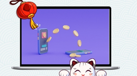 A cat mascot in front of a laptop screen where gold coins are flowing from one phone to another.