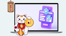 A lucky cat with a coin, next to a laptop displaying a mobile phone with a secure profile