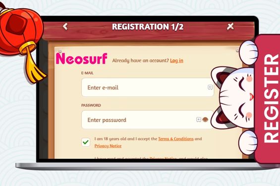 A sign-up form with the Neosurf logo and Maneki cat on the right side.