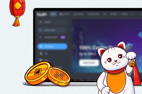 Cartoon cat with a red lantern and gold coins in front of a laptop showing casino payment