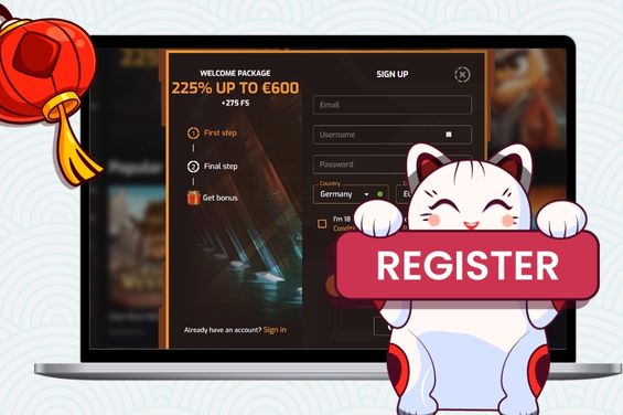Cartoon cat holding a sign "Register" in front of a casino sign up page, with a red lantern