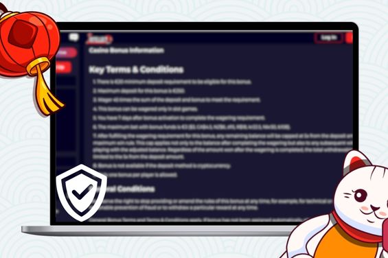 Cartoon cat with a red lantern and trustworthy checkmark in front of a laptop showing casino terms