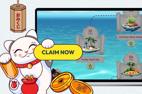 Cartoon cat holding a sign "Claim Now" in front of laptop showing casino treasure hunt with coins
