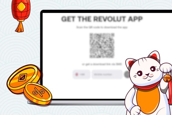 Cartoon cat with gold coins and red lantern in front of a laptop screen showing Revolut app sign up
