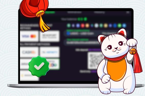 Cartoon cat with a red lantern and checkmark in front of a laptop showing the casino payment