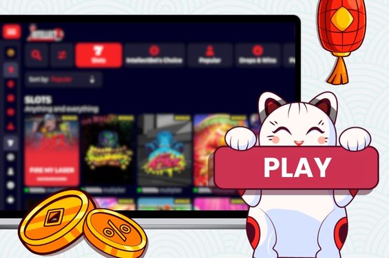 Cartoon cat with a sign "Play" in front of a laptop showing casino games with red lantern and coins