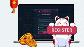A cartoon cat holds a red sign saying "REGISTER" in front of a laptop showing a registration form.