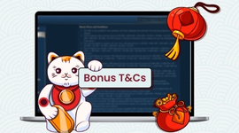 A cat holding a sign that says "Bonus T&Cs" and a laptop with terms and conditions on the screen.