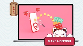 A cat holding a sign that says "MAKE A DEPOSIT" and a laptop with a secure money transfer animation.
