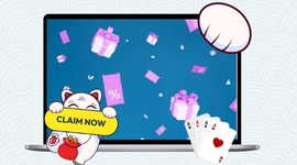 A cat holding a yellow sign that says "CLAIM NOW" with a laptop showing floating gifts.