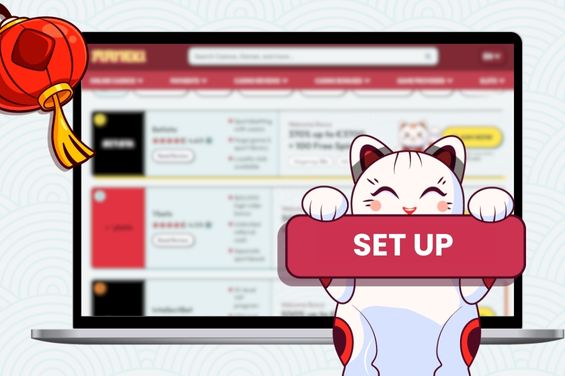 Cartoon cat in front of a sign "SET UP" and a laptop showing trustworthy casinos and a red lantern