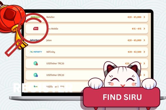 Casino payment methods with a magnifier showing Siru Mobile.