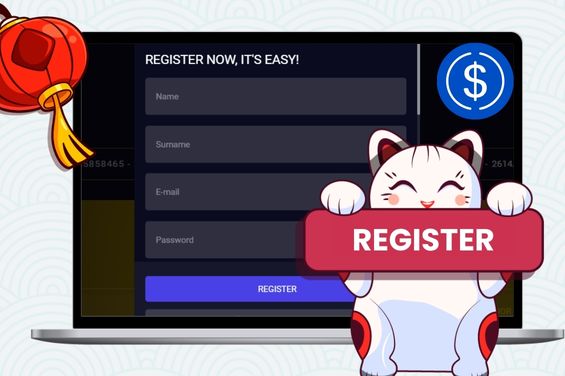 A registration form with the Maneki cat holding a registration banner.