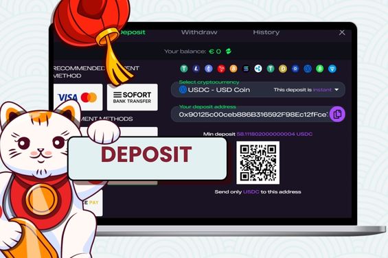 Deposit page image with USDC selected and Maneki cat holding deposit banner.