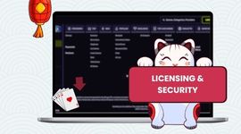Casino licence information in the background with the Maneki cat holding a licensing banner.