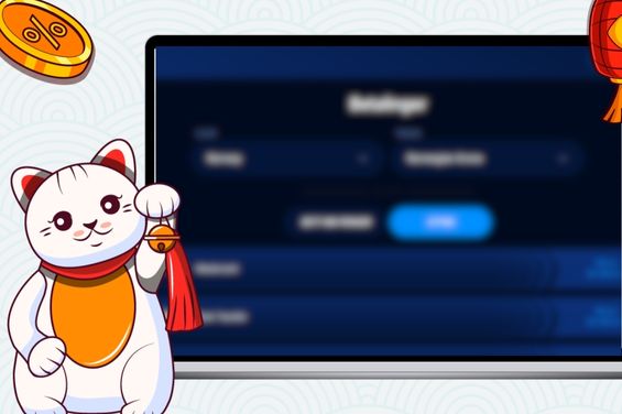 Cartoon cat with a gold coin and a red lantern in front of a laptop, showing casino deposit page