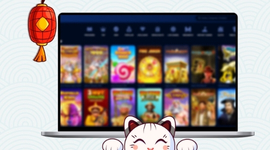A laptop screen displaying rows of colorful slot machine game thumbnails.