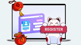 A laptop screen showing a website registration form and a "Register" button.