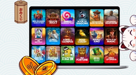 A laptop screen showing a grid of diverse online casino slot game thumbnails.