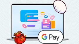 A laptop displaying a user interface with various windows and the Google Pay logo.