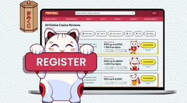 A cartoon cat holds a "REGISTER" sign in front of a laptop displaying a list of casino reviews.