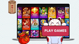 A cartoon cat holds a "PLAY GAMES" sign in front of a laptop displaying a grid of casino games.
