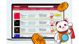 Casino reviews and rankings displayed on a laptop with a cat holding a magnifying glass.