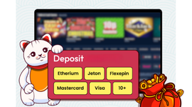 Lucky cat presenting various payment options on a screen for deposits.