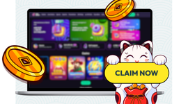 Cute cat holding a 'Claim Now' button in front of a screen with casino offers.