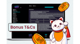Bonus terms and conditions for online casino review, showing a laptop screen with bonus details and a lucky cat mascot.
