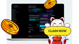 How to claim a bonus in an online casino, with a laptop screen displaying the 'Claim Now' button and a lucky cat mascot.