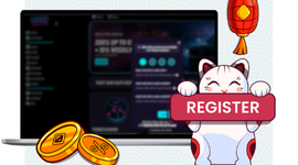How to register at an online casino, showing a laptop with a registration button and a lucky cat mascot.