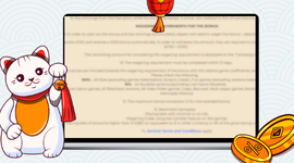 Lucky cat with coins, showcasing wagering requirements on a screen.