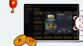 Lucky cat with a bag of coins, showing a bonus offer screen with winnings.