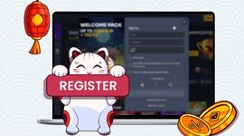 A cat character holds a "REGISTER" sign, with a laptop showing a sign-up form in the background.