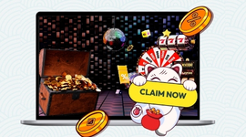 A laptop screen displays casino-themed graphics like a treasure chest and a slot machine.